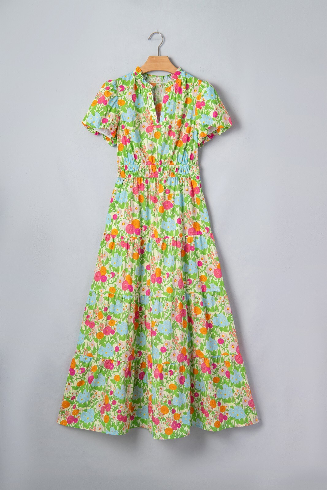 Floral Print Puff Sleeve Maxi Dress with Elastic Waist