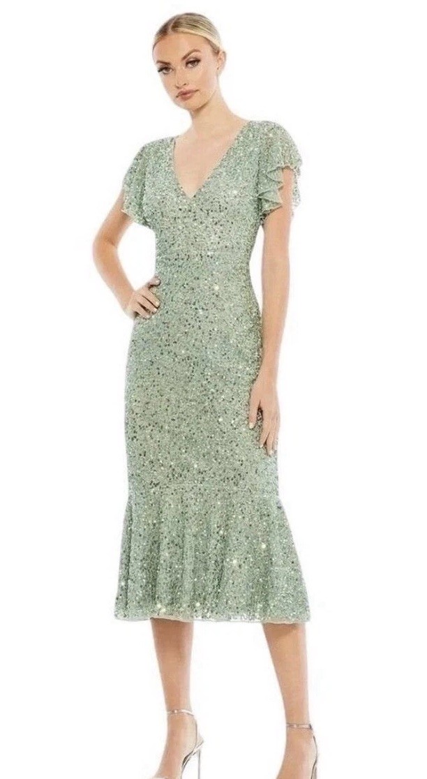 Mac Duggal 2 Green Sequin Mesh A-Line Midi Dress V-Neck Flutter Sleeve Zip