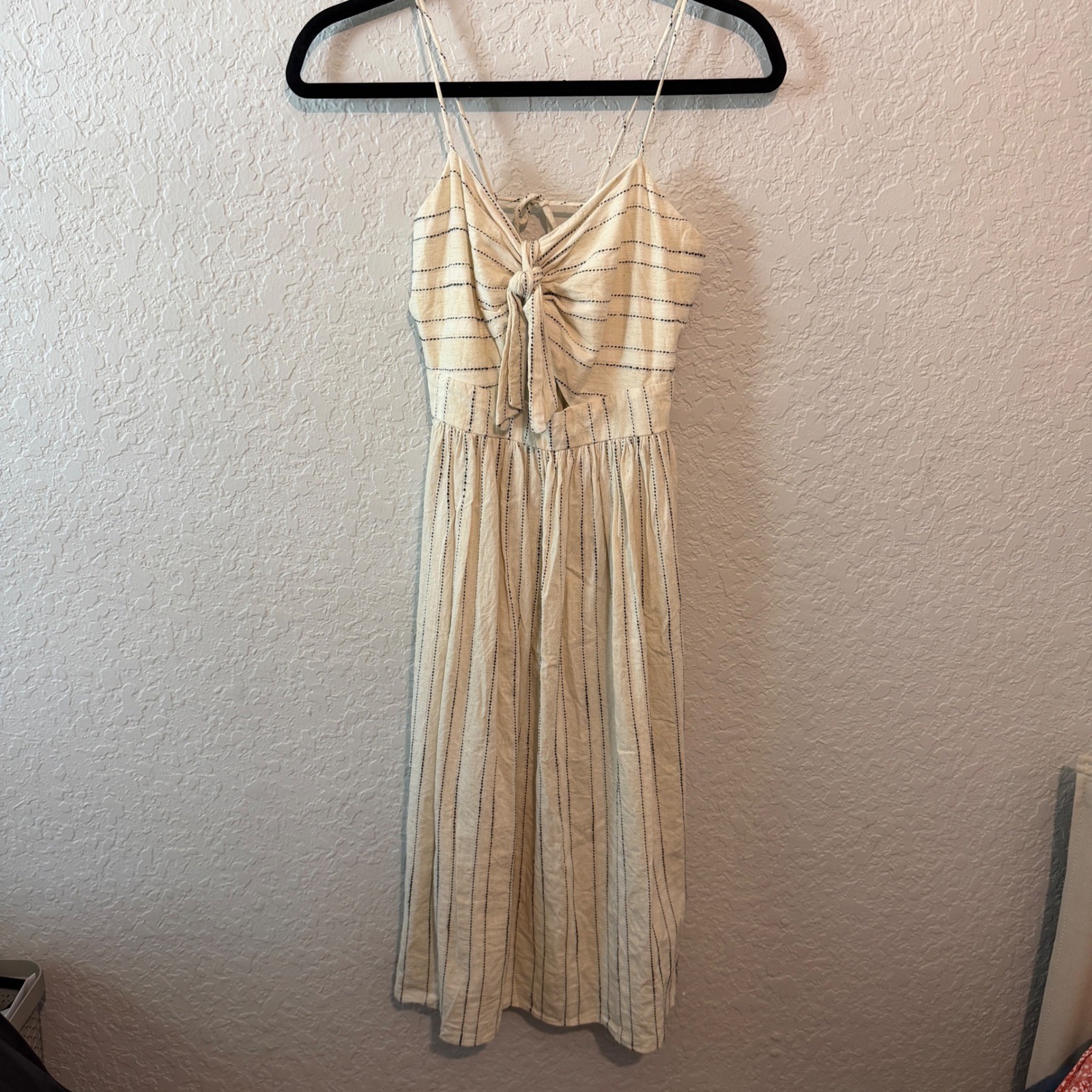 Zara Basic Tie Front Midi Linen Blend Dress Size S Coastal Boho Summer Cream