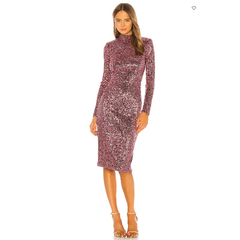 Rebecca Vallance Mona Midi Dress Long Sleeve Sequins Holiday Silver Metallic 4