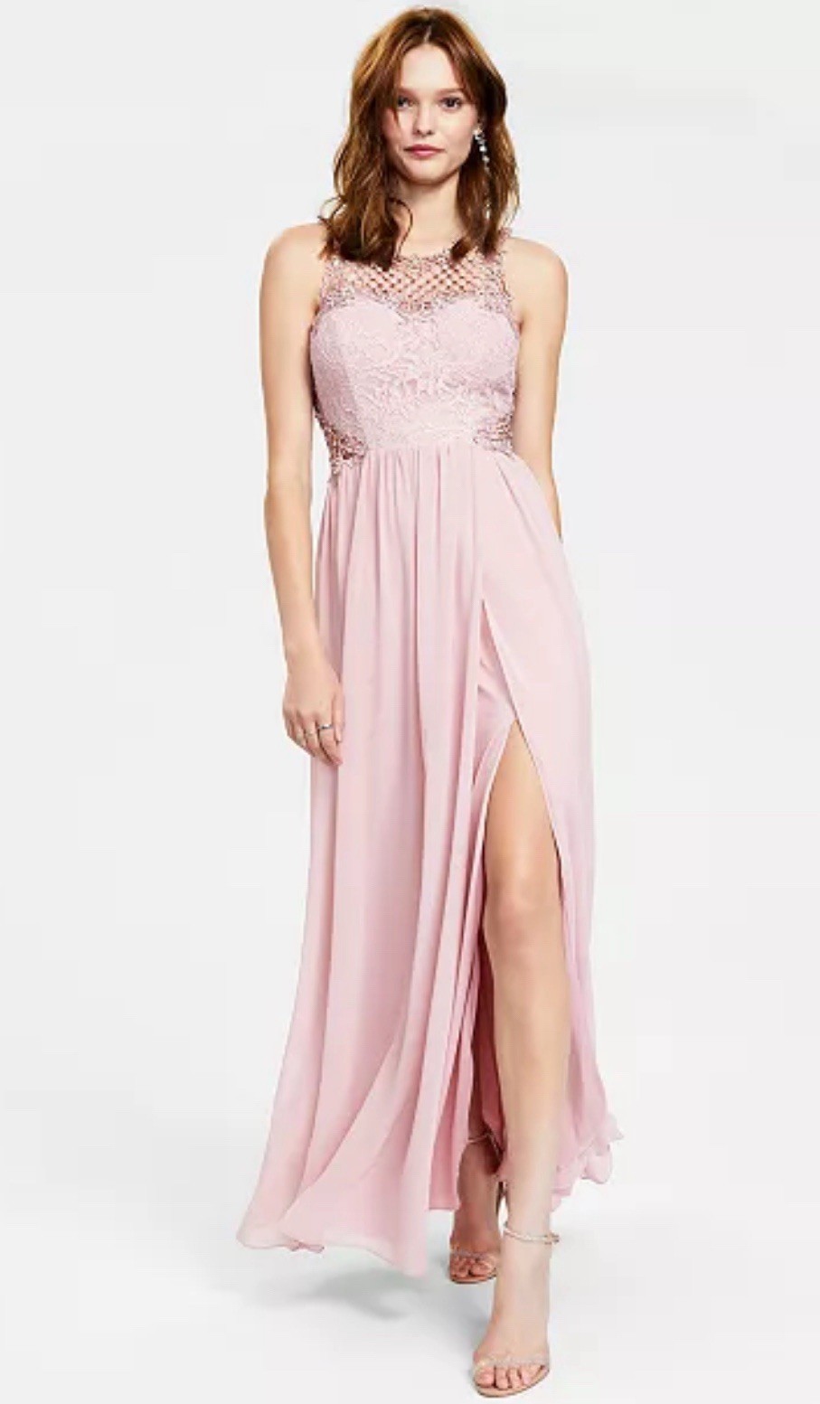City Studios Pink Illusion Tulip Formal Gown Long Sleeveless Lace Slit Size 16