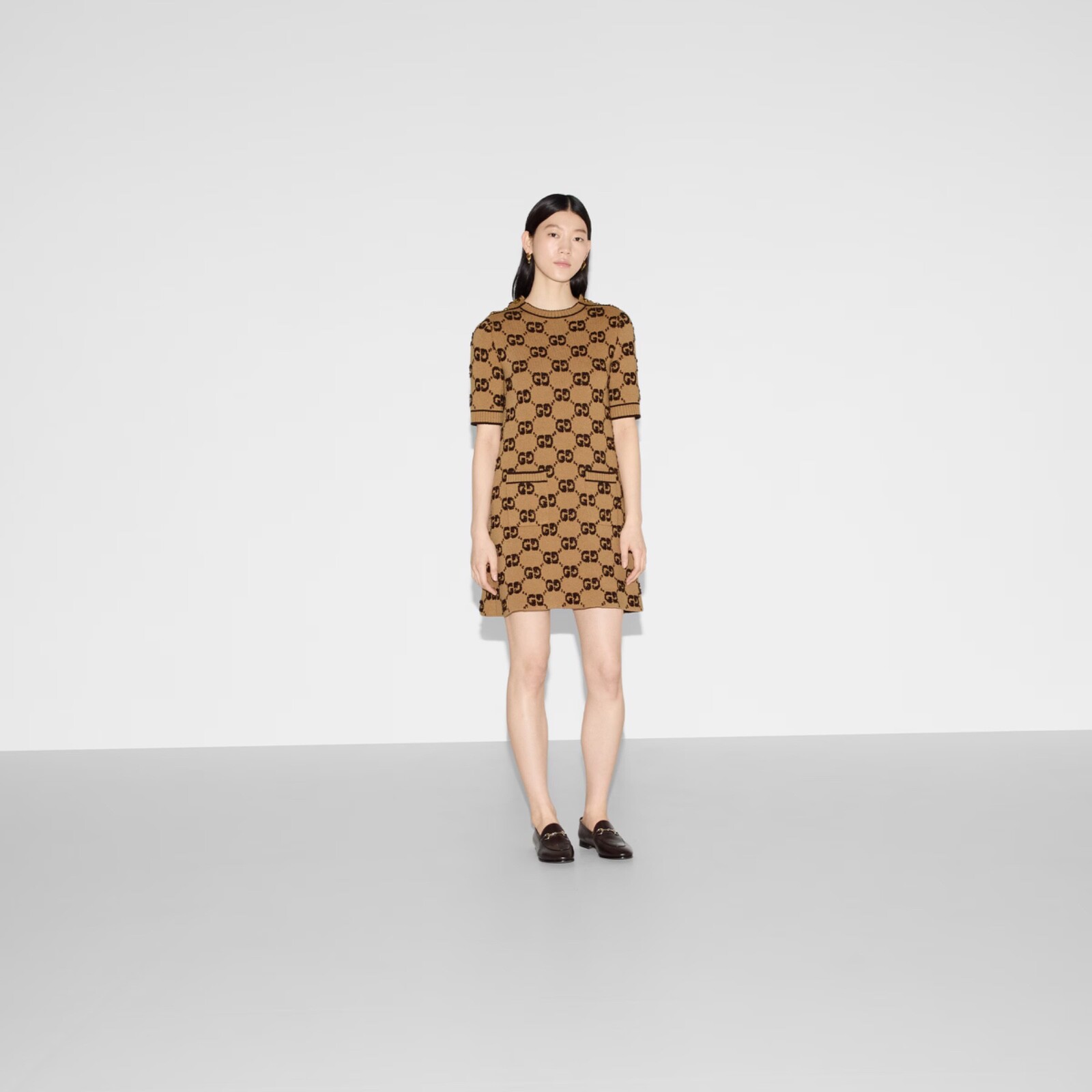 70502 auth GUCCI camel & brown wool 2024 MONOGRAM BOUCLE JACQUARD Dress M