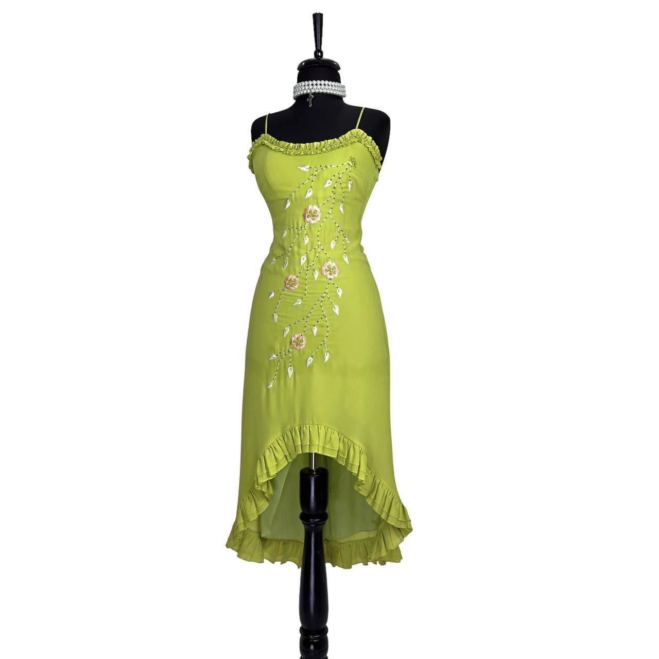 Vintage Y2K Beaded Floral Embroidery Asymmetrical Green Dress 4