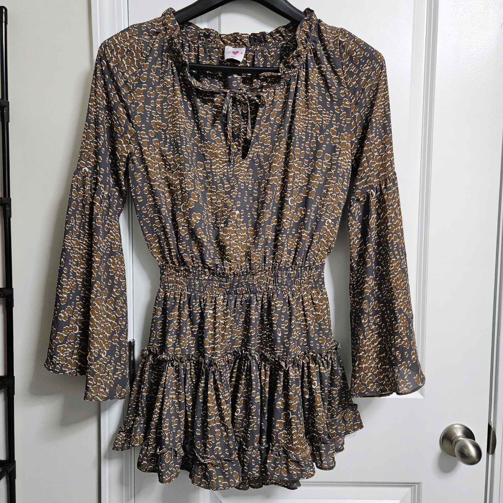 Buddy Love Romper Women Small Grey Brown Animal Print Bell Sleeve Smocked Ruffle