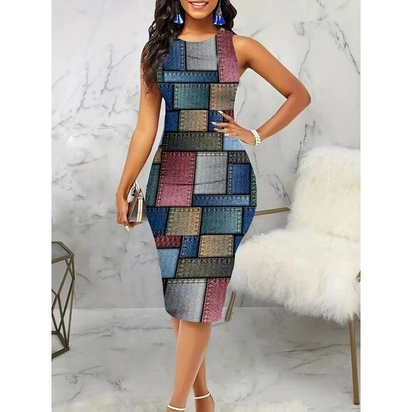 Color Block Tank Dress, Elegant Bodycon Sleeveless Crew Neck Dress, Women’s Clot