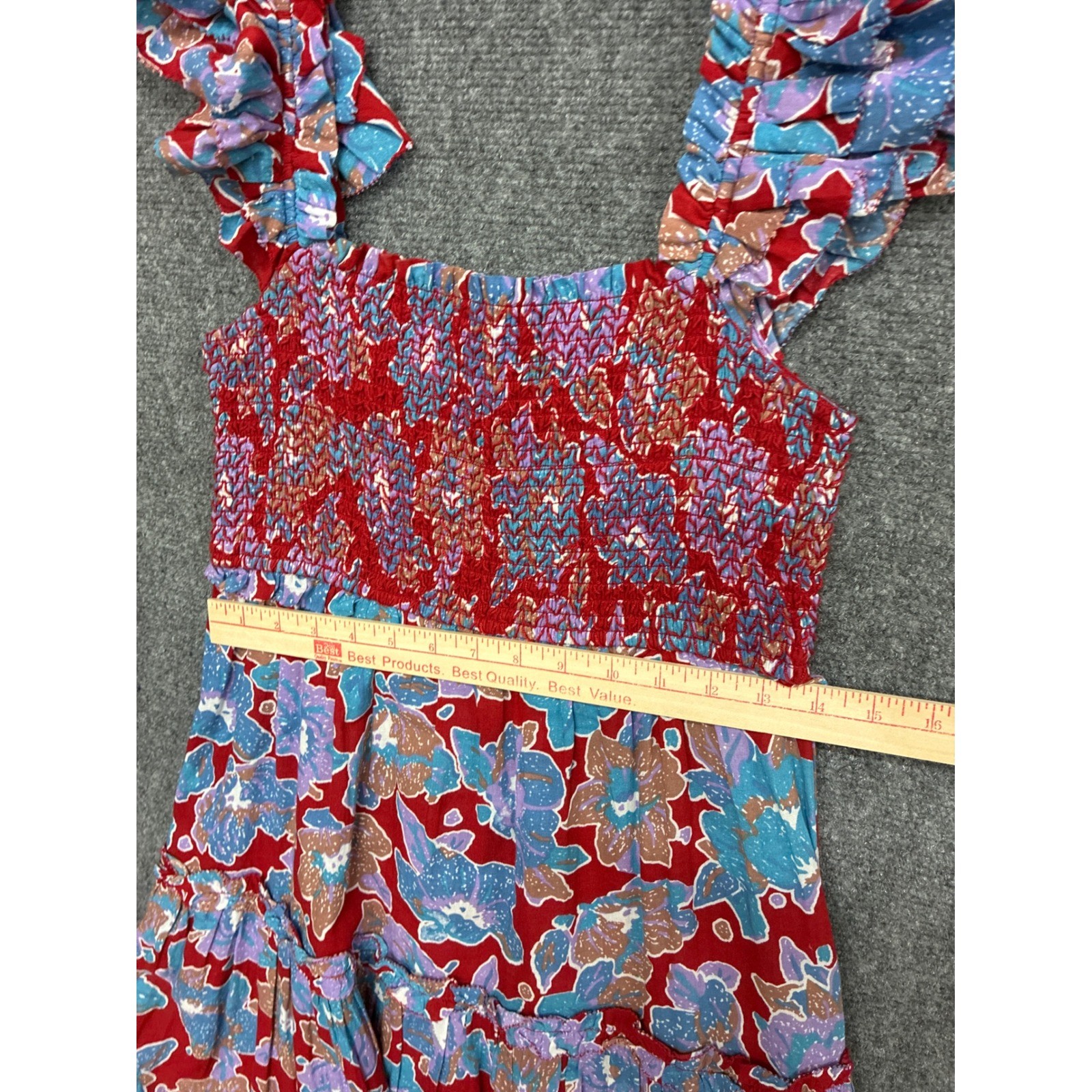 Love The Label Floral Smocked Tiered Maxi Dress Red Blue Ruffle Sleeve Small