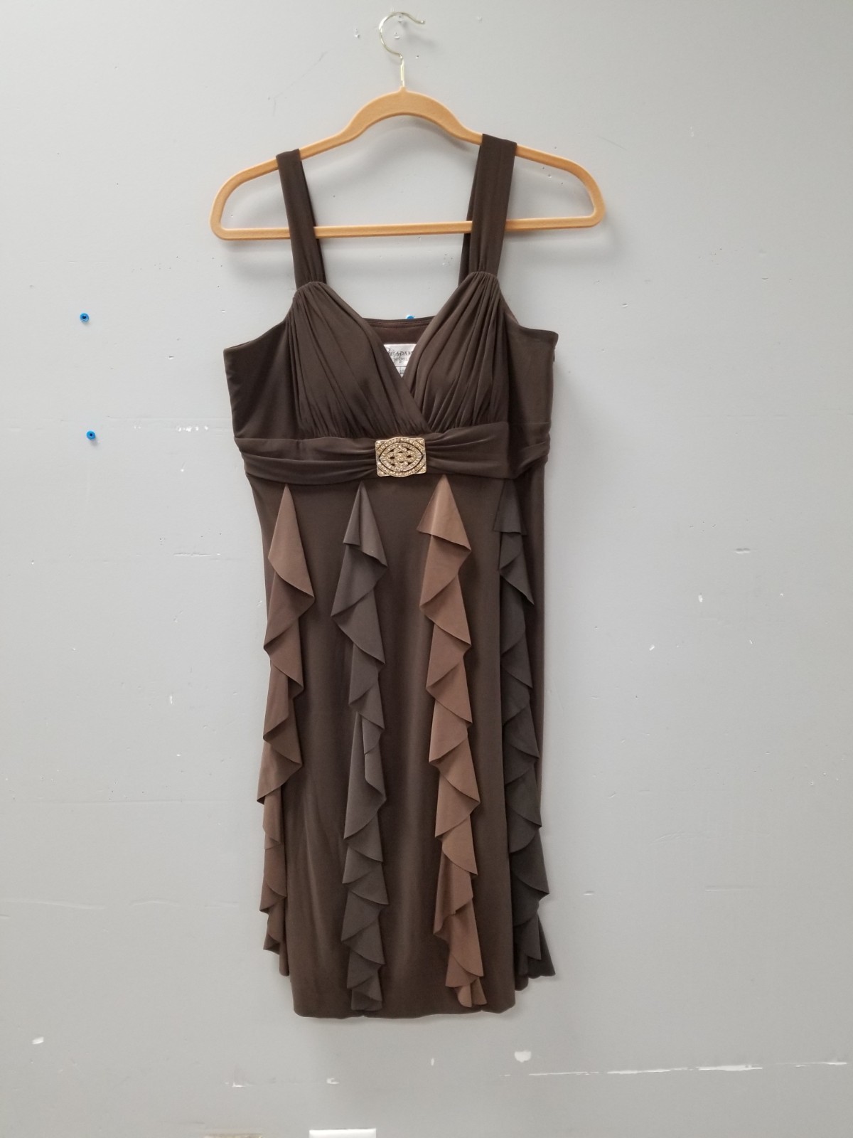 NWT Betsy & Adam Y2k Brown Ruffle & Rhinestone Buckle Party Dress Women’s Sz 14