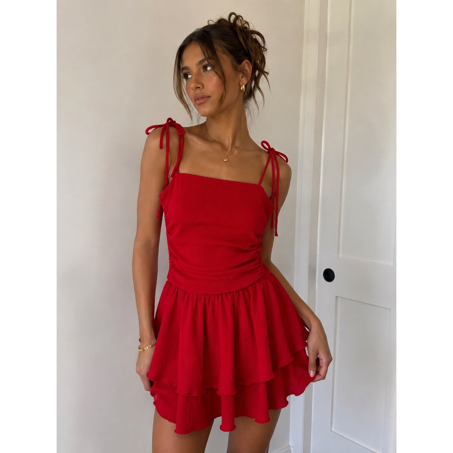 Cider Red Tiered Ruffle Mini Dress Tie Shoulder Smocked Back. NWT. Size Small