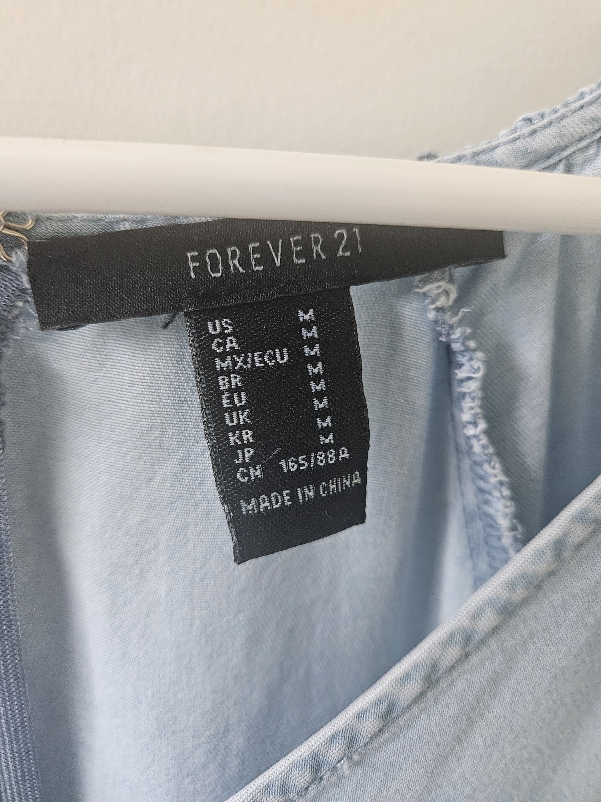 FOREVER 21 Denim Mini Dress Blue Solid V-Neck 3/4 Puff Sleeve Smocked Zip M