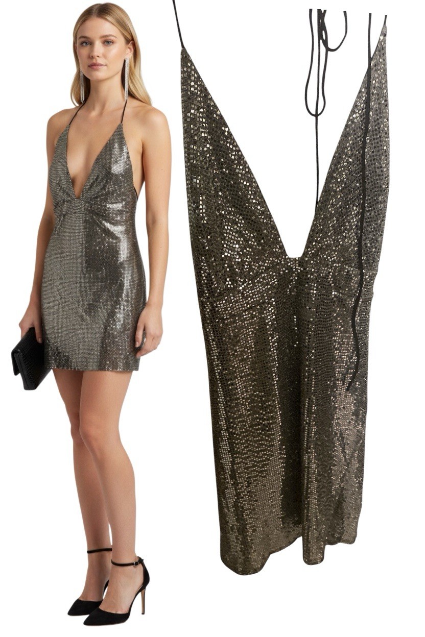 Silver Sequin Metallic Halter Mini Dress Y2K Party Low Cut Small S