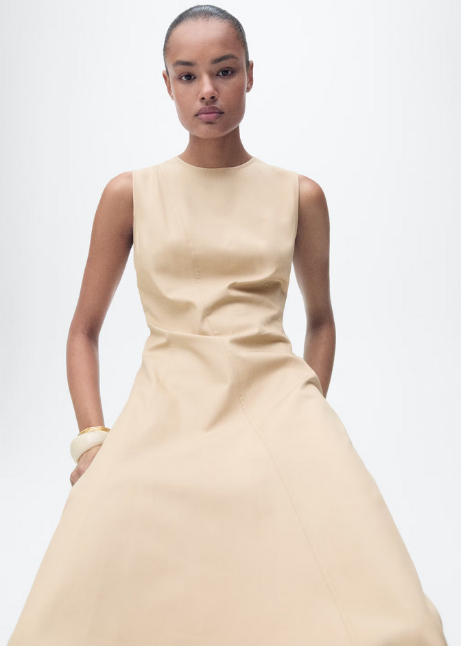 NWT MANGO MNG TAN ASYMMETRICAL FLARED MIDI DRESS SZ S US 4