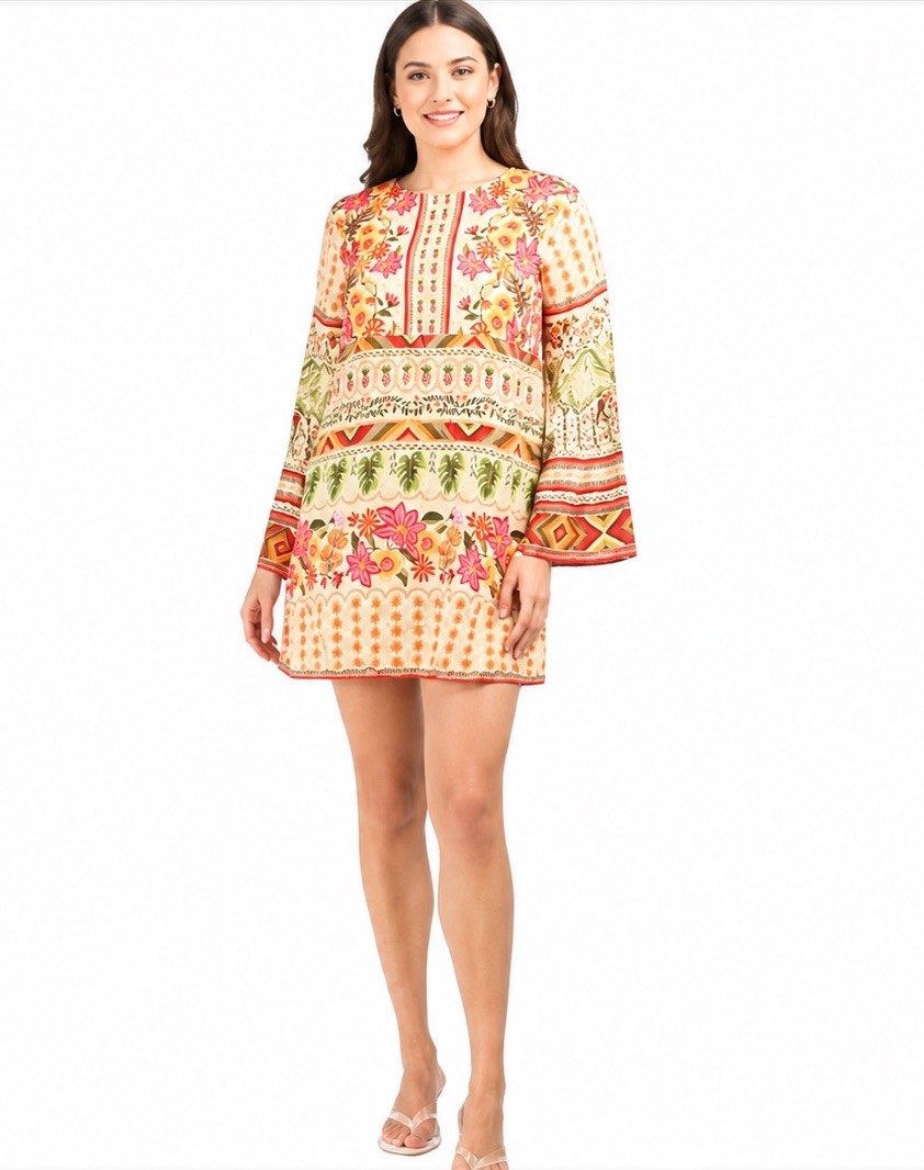 NWT Celina Moon Floral Boho Tunic Dress Bell Sleeve Pockets Large Resort