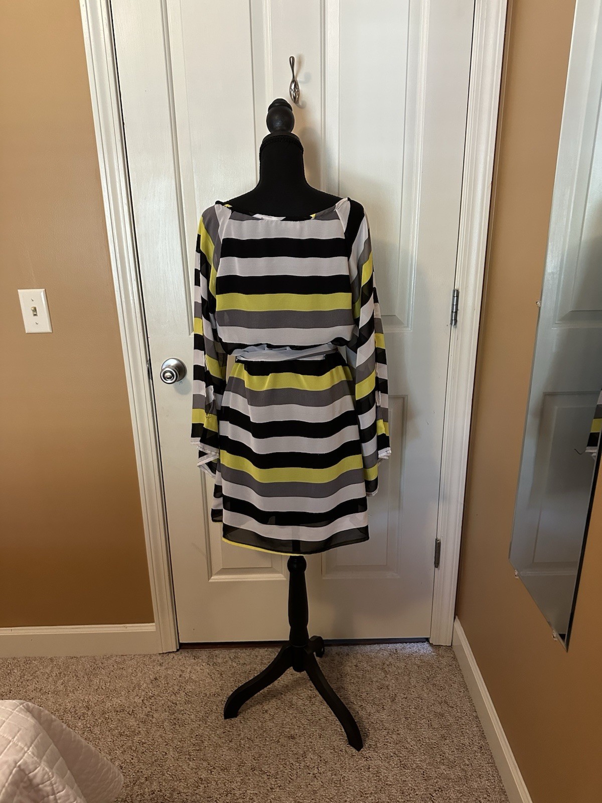 Striped Long Sleeve Belted Mini Dress In Black Gray And Neon Yellow Size L