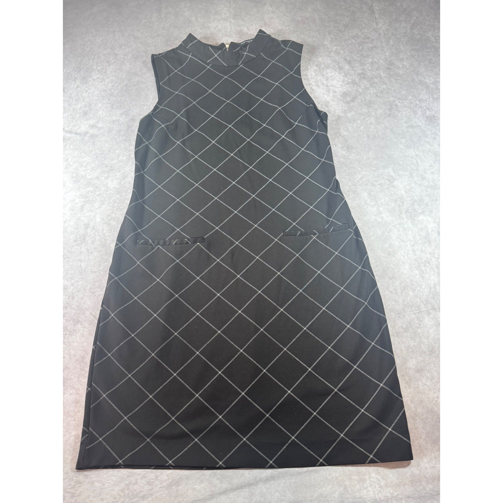 Sharagano Womens Black White Grid Windowpane Mock Neck Shift Dress Size 12