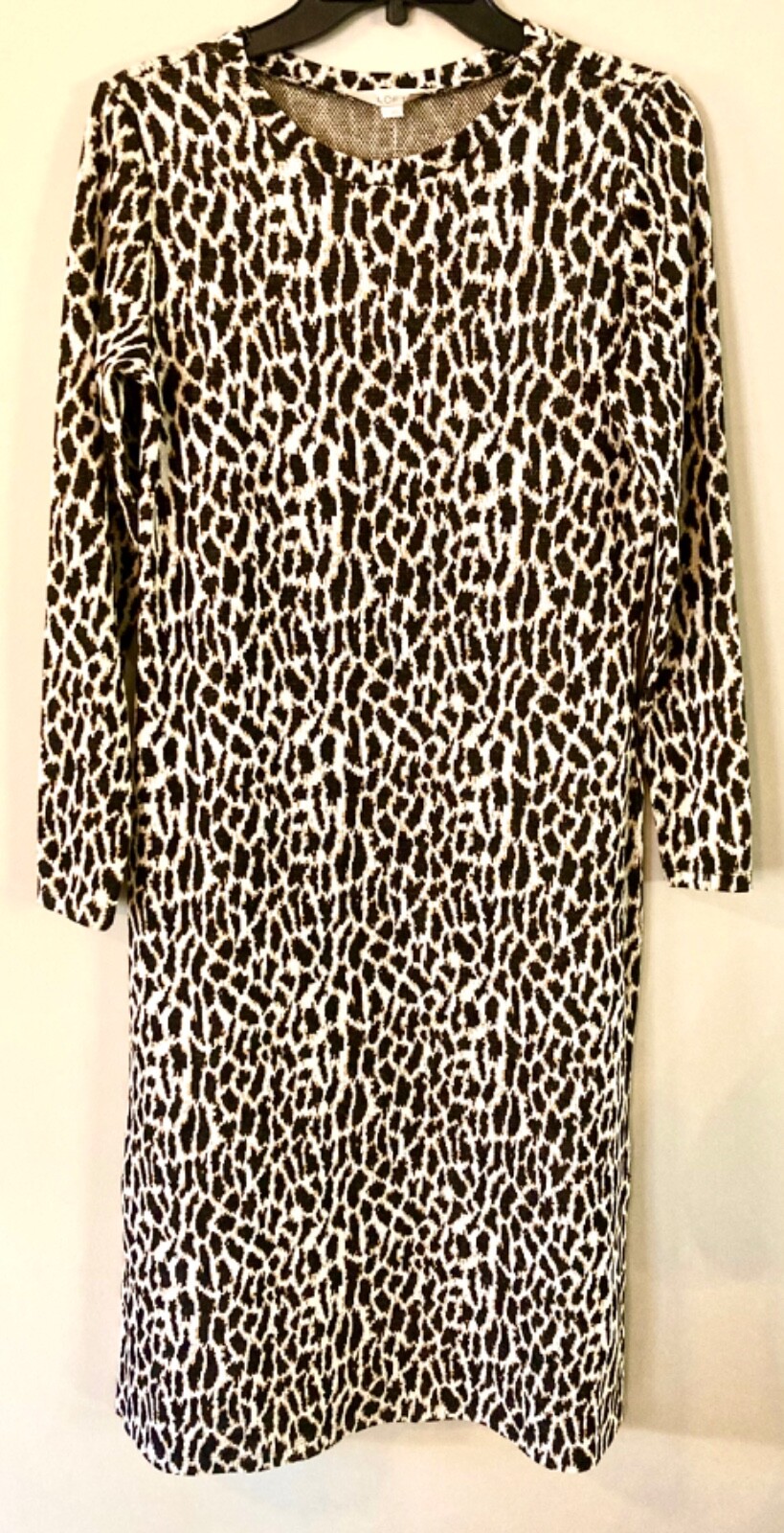 WOMENS LOFT BLACK BROWN WHITE ANIMAL PRINT LONG SLEEVE SWEATER DRESS SIZE S NWT!