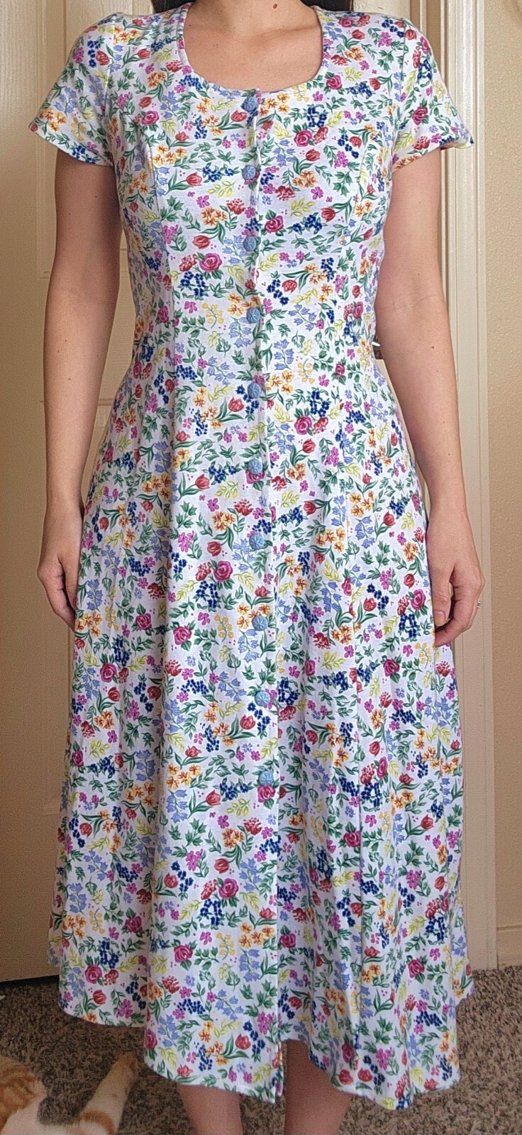 VTG Joni Blair White Floral Button Down Tie Back Midi Cottagecore Dress S
