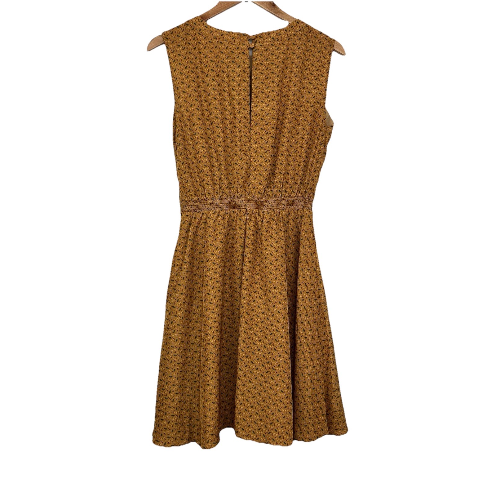 Pink Martini Sleeveless Fit & Flare Pleated Dress S Feather Print Elastic Waist