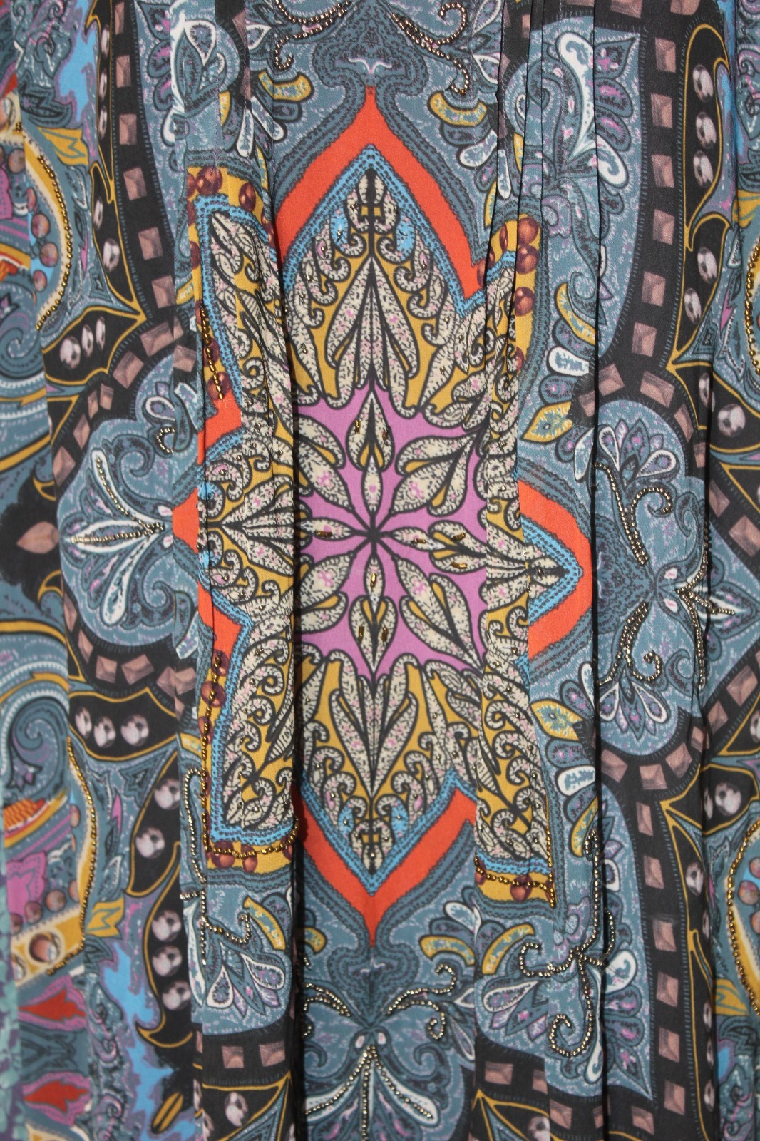 NIZA Spain Blue Paisley Shift Dress Beaded Bohemian Ruffle Sleeve Tunic Size 10