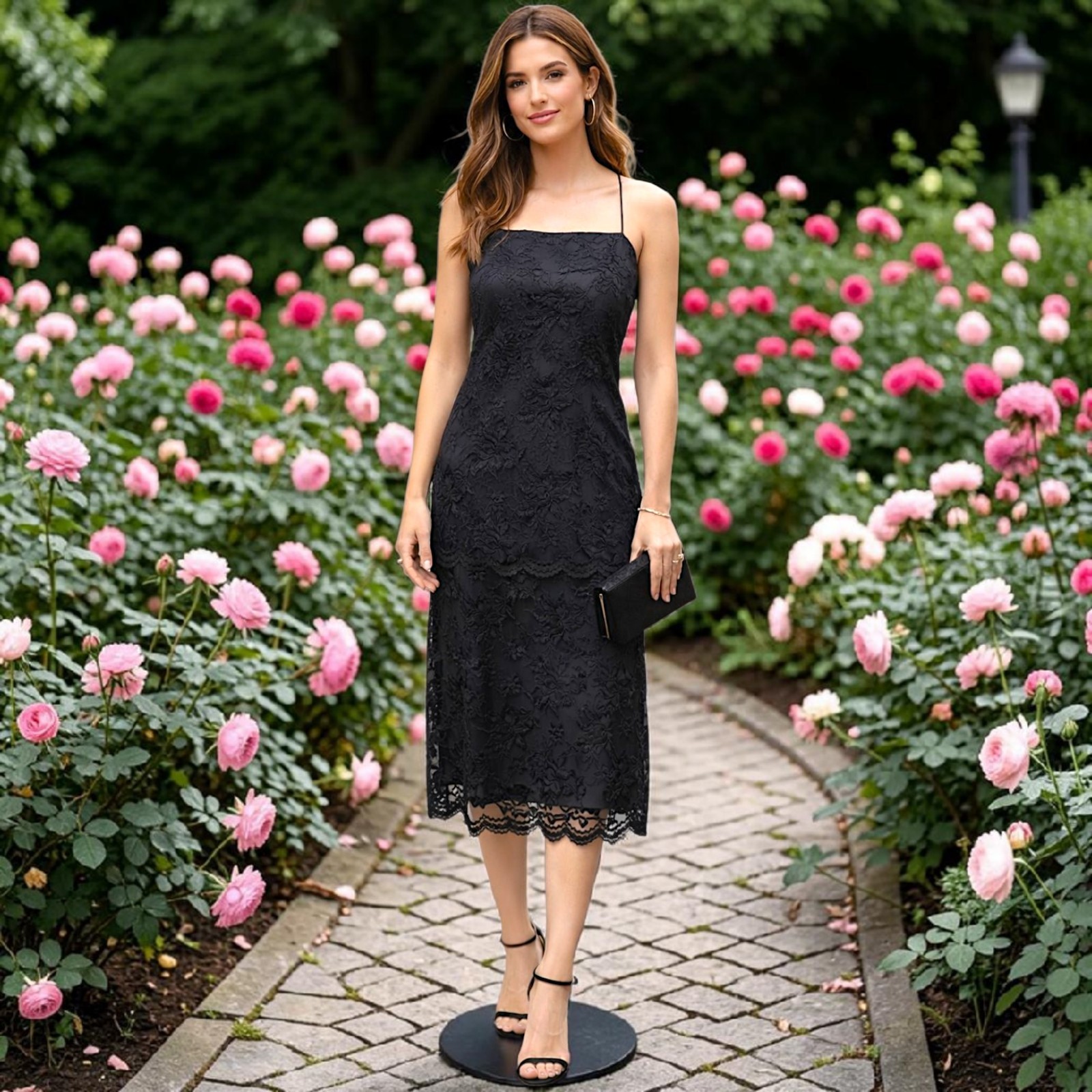 Nancy Bracoloni Lace Dress Sz 10 Vintage Black Midi Applique LBD Cocktail Party