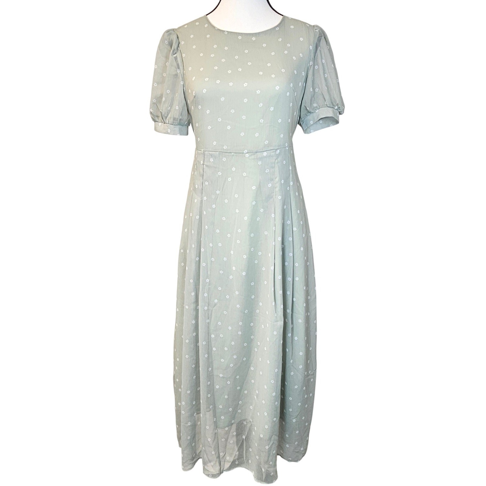 Dazy Soft Sage Green Polka Dot Puff Sleeve Maxi Dress Cottagecore Boho Women’s S