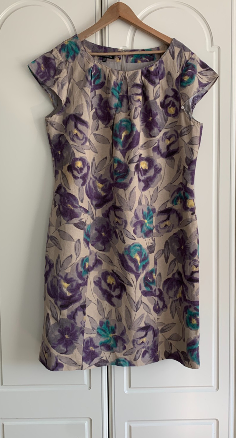 Laura Ashley Grey Floral Linen Blend Cap Sleeve Lined Shift Dress Size UK 20