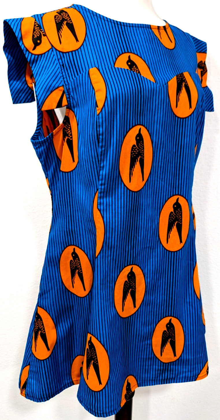 MAE OTTI Authentic African Print Mini Dress BIRDS Blue Black Stripe Size XL EUC*