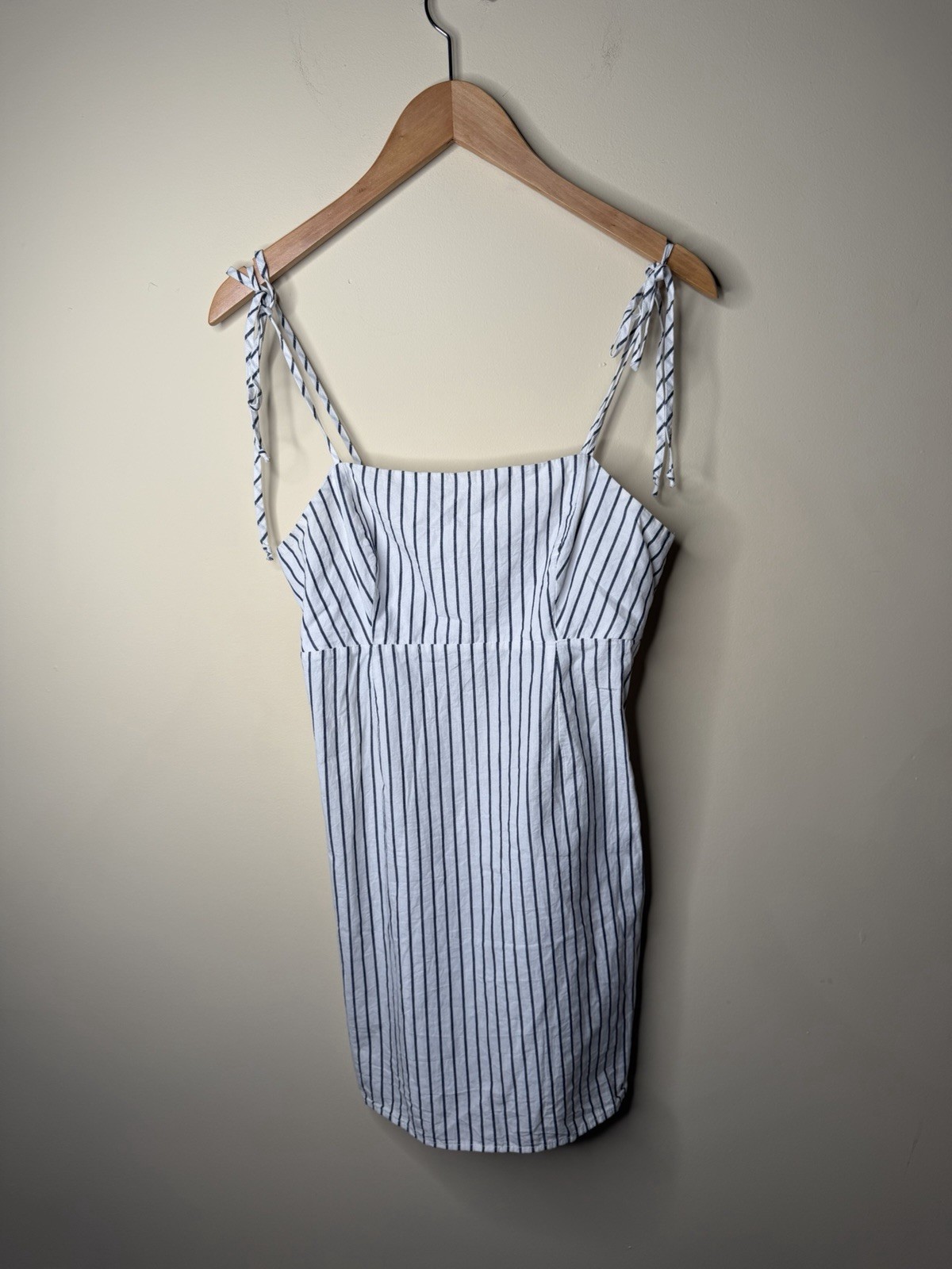 Lottie Moss White + Blue Pinstripe Shoulder Tie Dress Coastal New England Europe