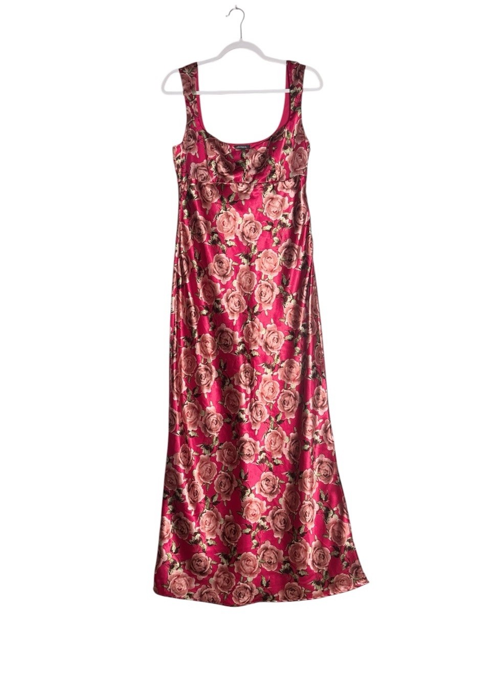 Floral Satin Maxi Slip Dress Romantic Coquette Pink Rose Print Y2K Womens Size M