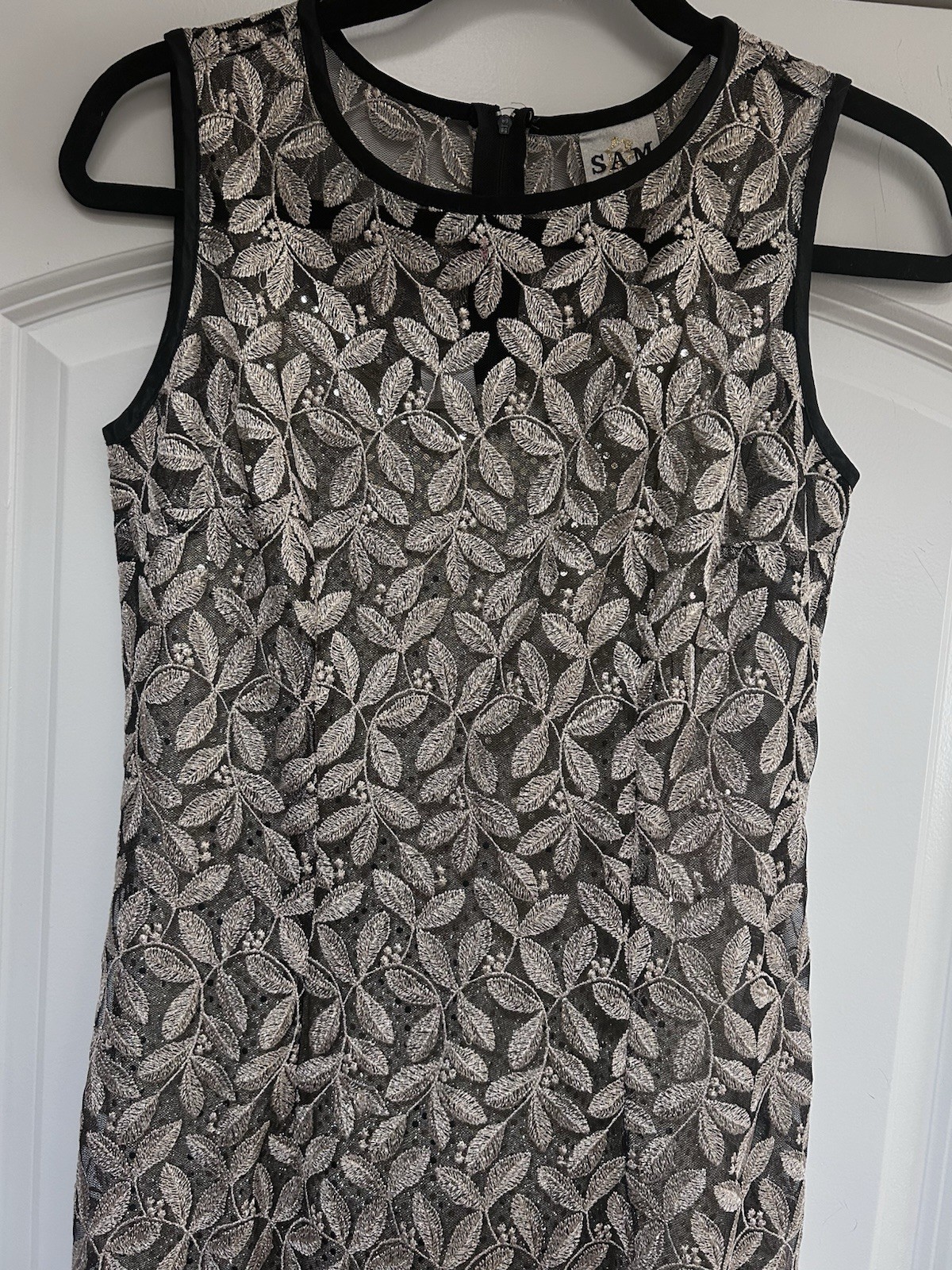 Sam Sheer Embroidered Glitter Slip Lined Cocktail Midi Dress Women Sz S Formal