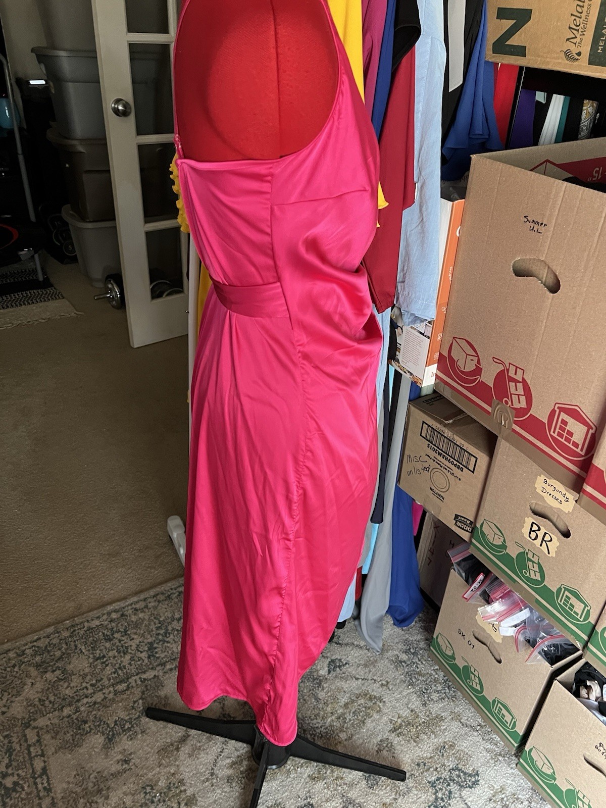 Womens Spaghetti Strap Cross Back Pleated Satin Wrap Dress. Medium