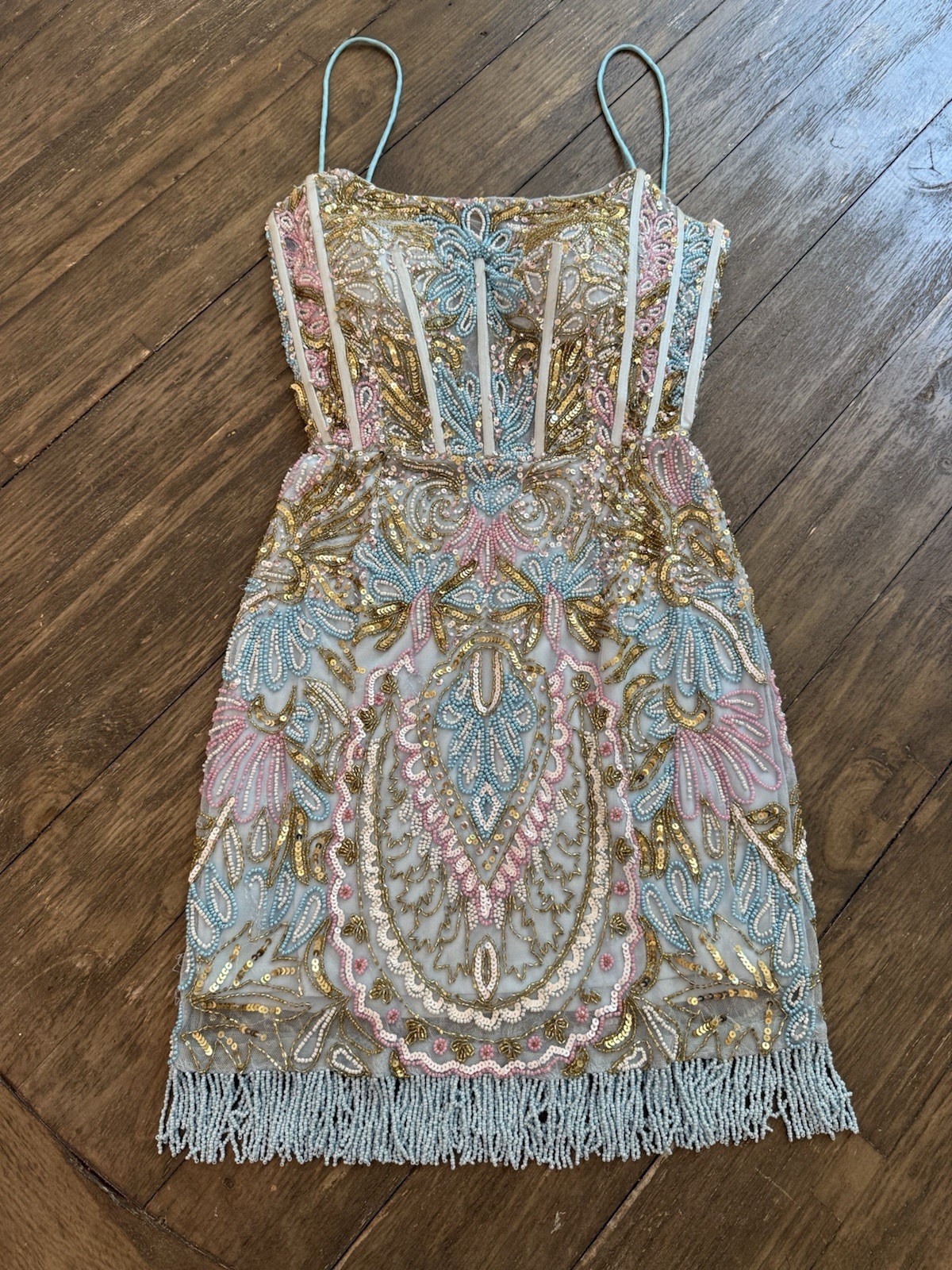 Rachel Allan Size 4 Beaded Fringe Cocktail Dress Blue Pink Gold Homecoming Prom