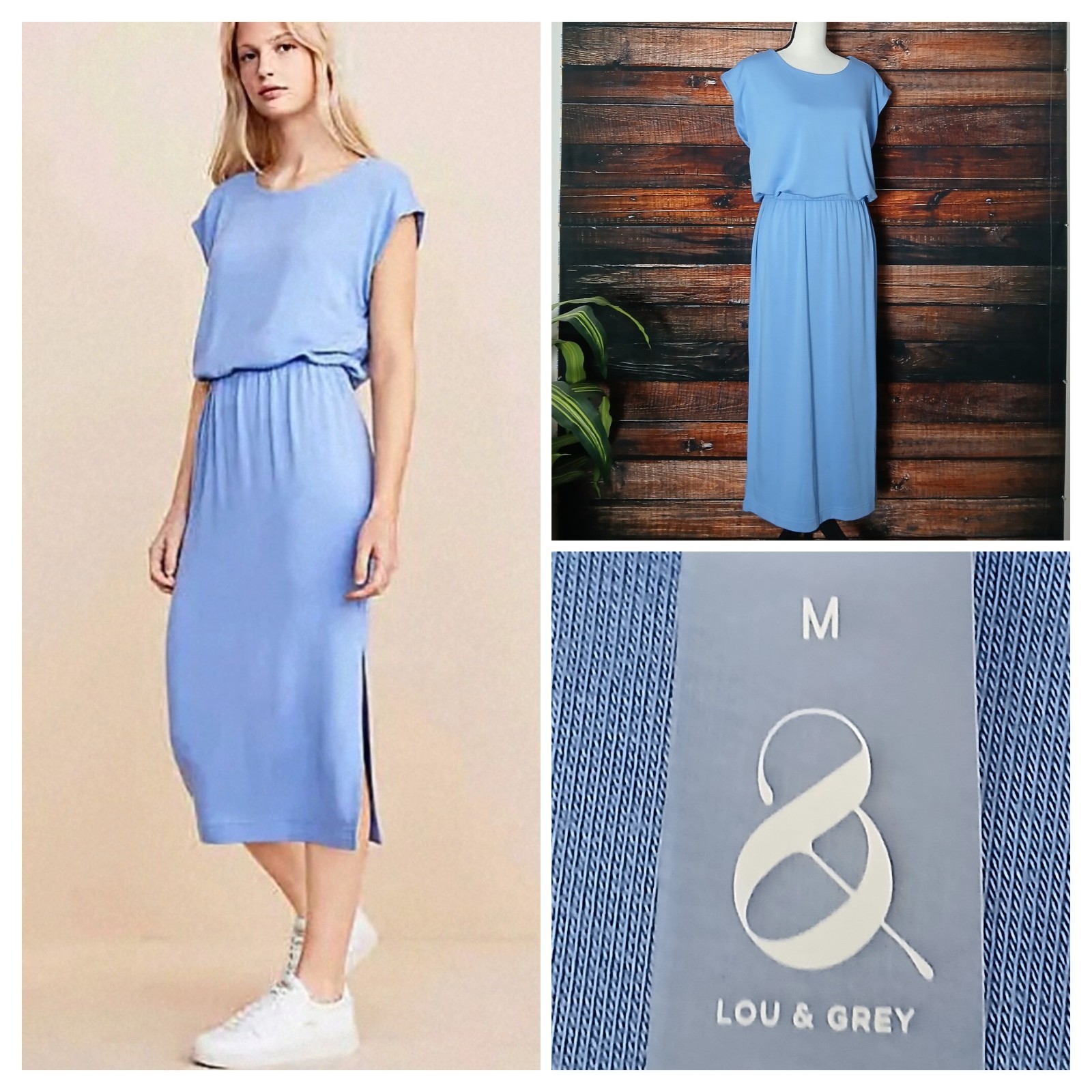 Lou & Grey Midi Dress M Sky Blue Signature Soft Rayon Blend Elastic Waist NWT