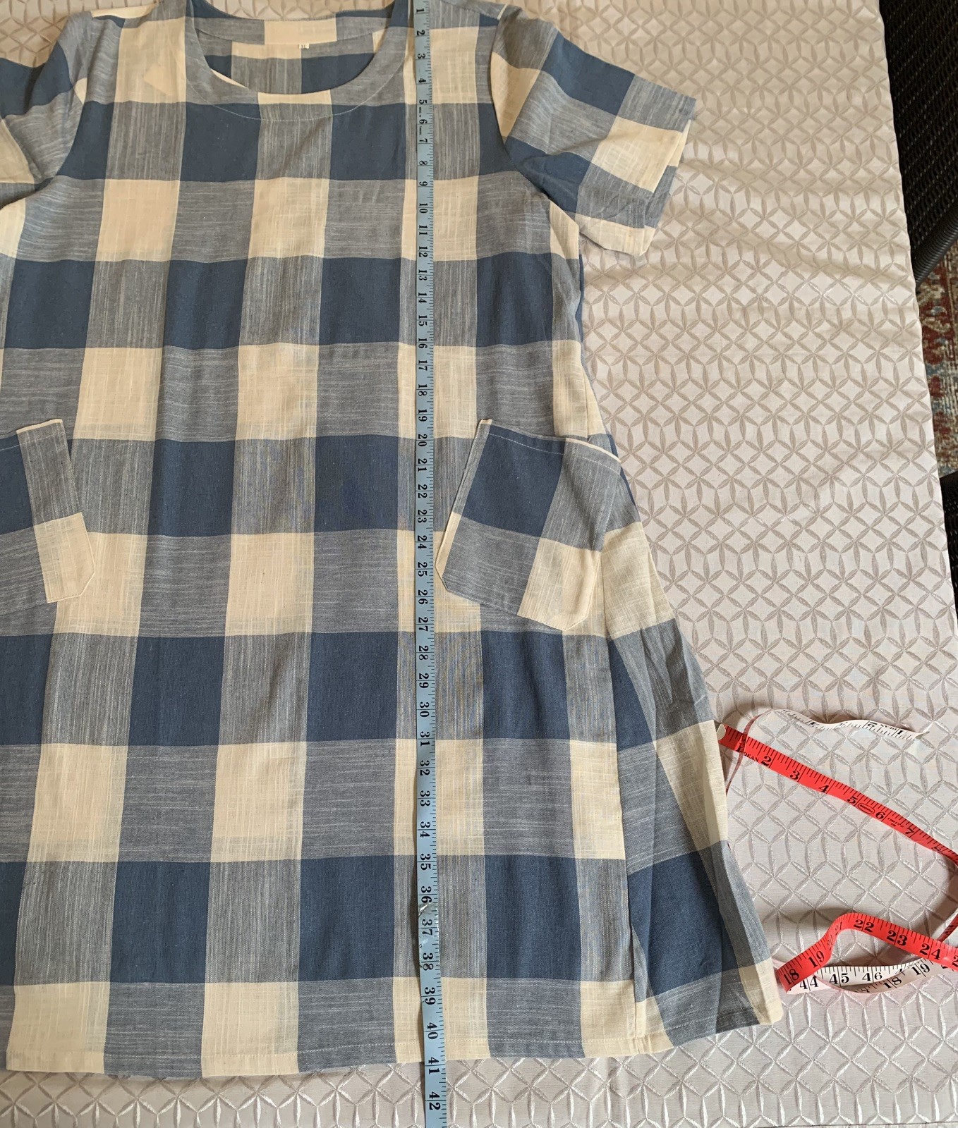 Buffalo Check Plaid Everyday A LINE LINEN COTTON Dress BLUE White XL
