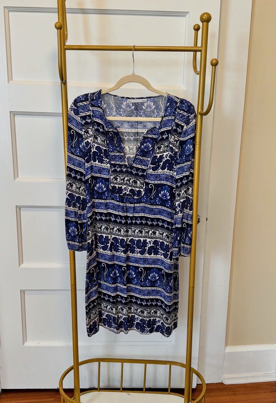 Sfera Blue/White Floral V-Neck Long Sleeve A-Line Knee Dress, Cotton Blend S