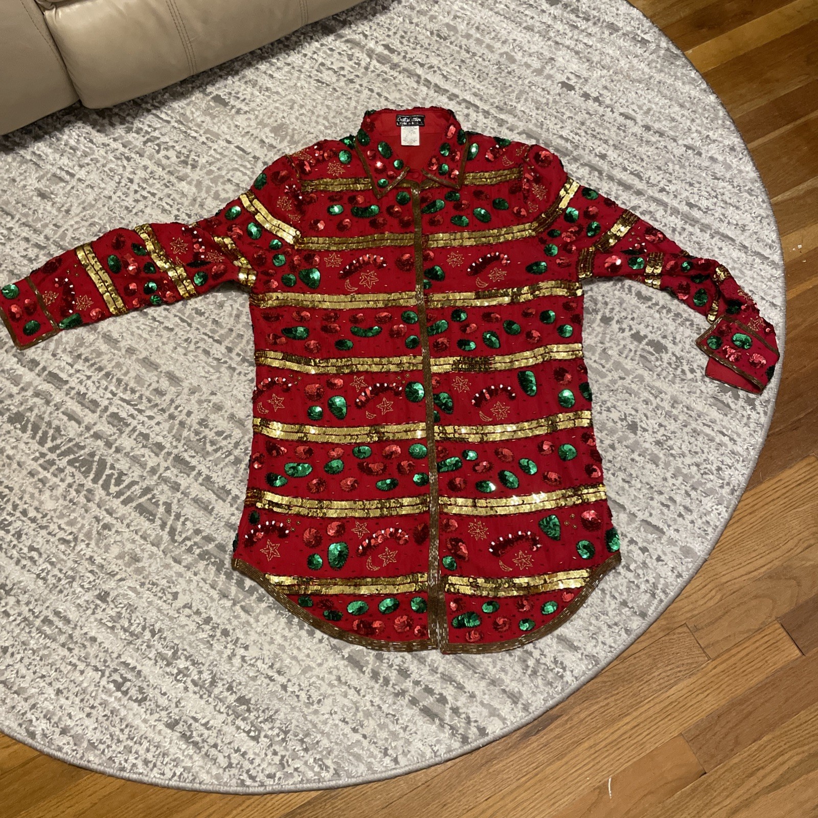 Creative Creations Christmas Sequin & Beaded Silk Shirt-Dress Jacket Lg Rare