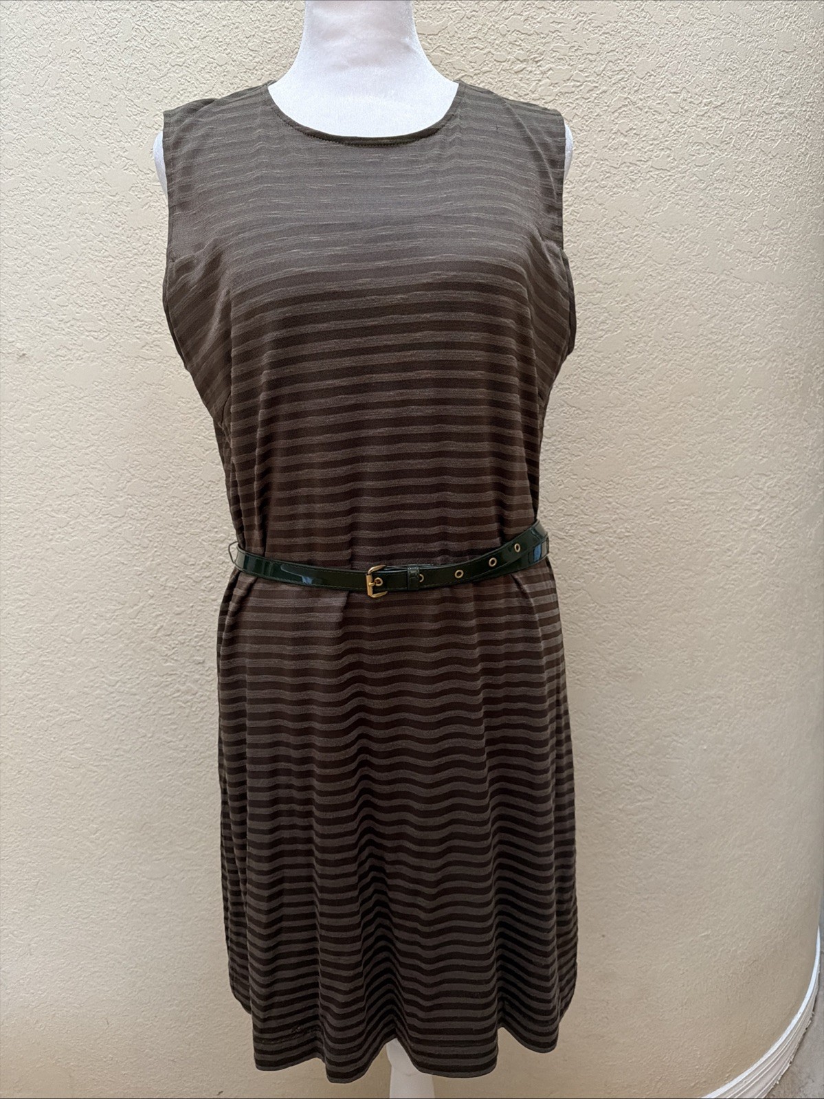Michael Kors Dress Womens 14 Sheer Striped Sleeveless Lined Belted Waist Green