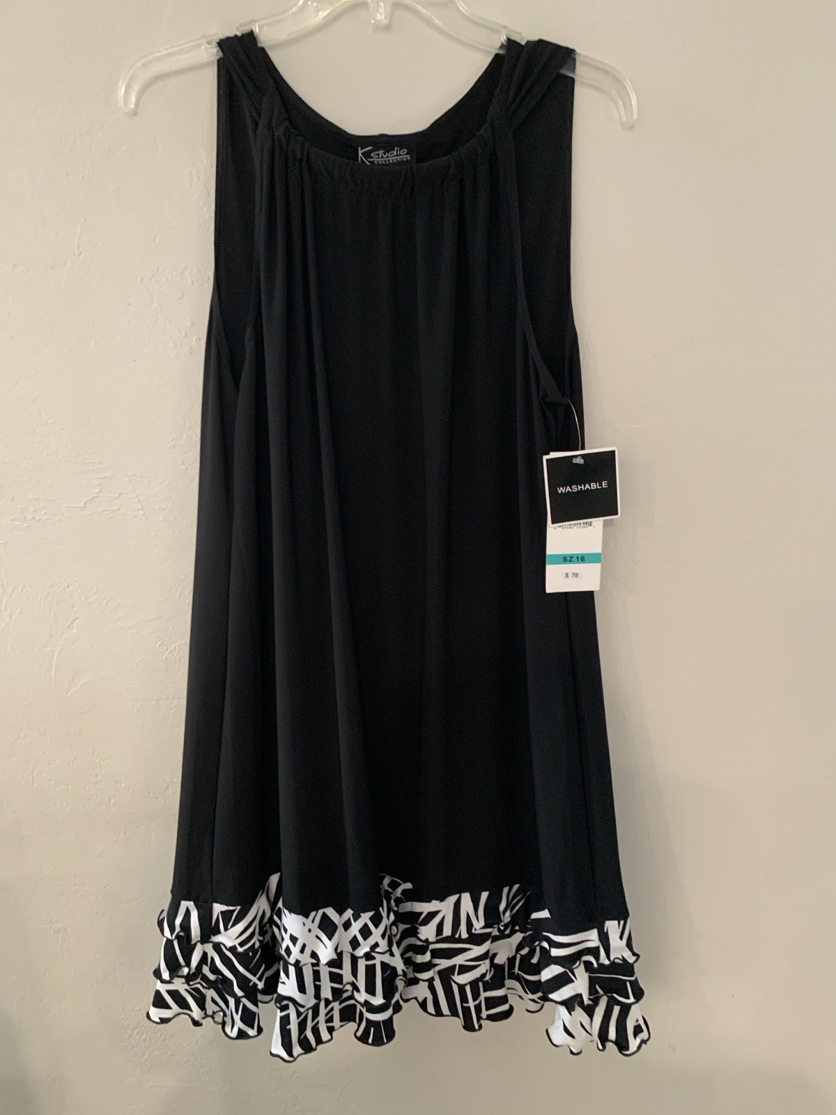 K Studio Collection Black Shift Dress Scoop Neck Knee Length Ruffle Hem 16 NWT