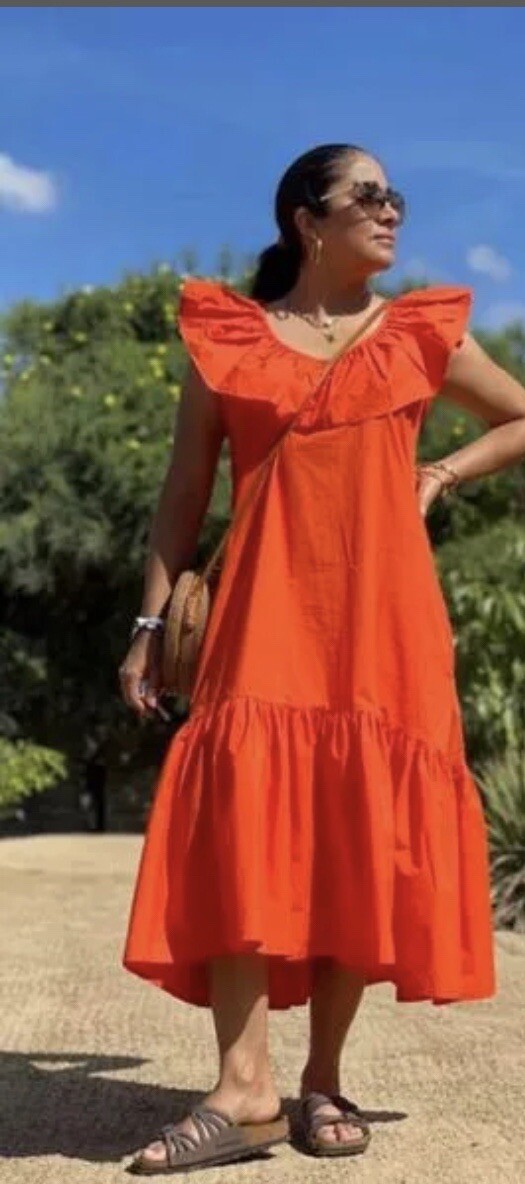 Anthropologie WHIT TWO Midi Dress Flouncy Ruffled Orange Preppy Retro Medium NWT