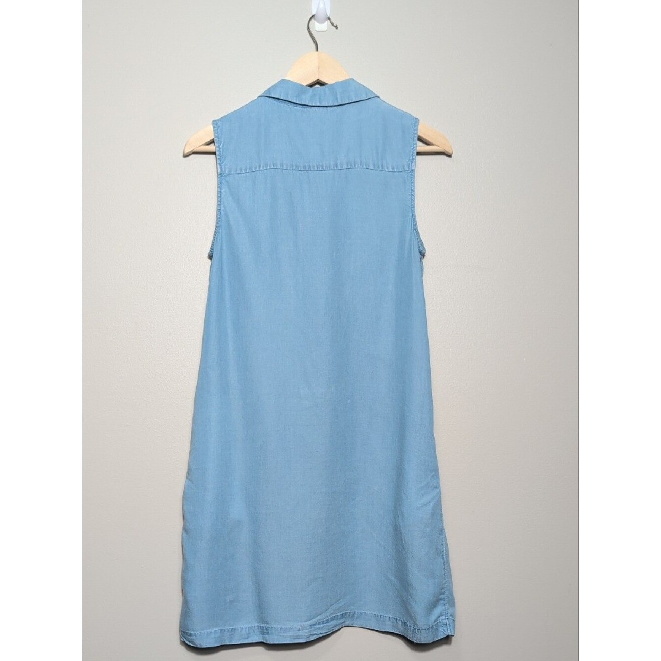 POPSUGAR Chambray Sleeveless Blue Button-Front Mini Shirt Dress Pockets Small