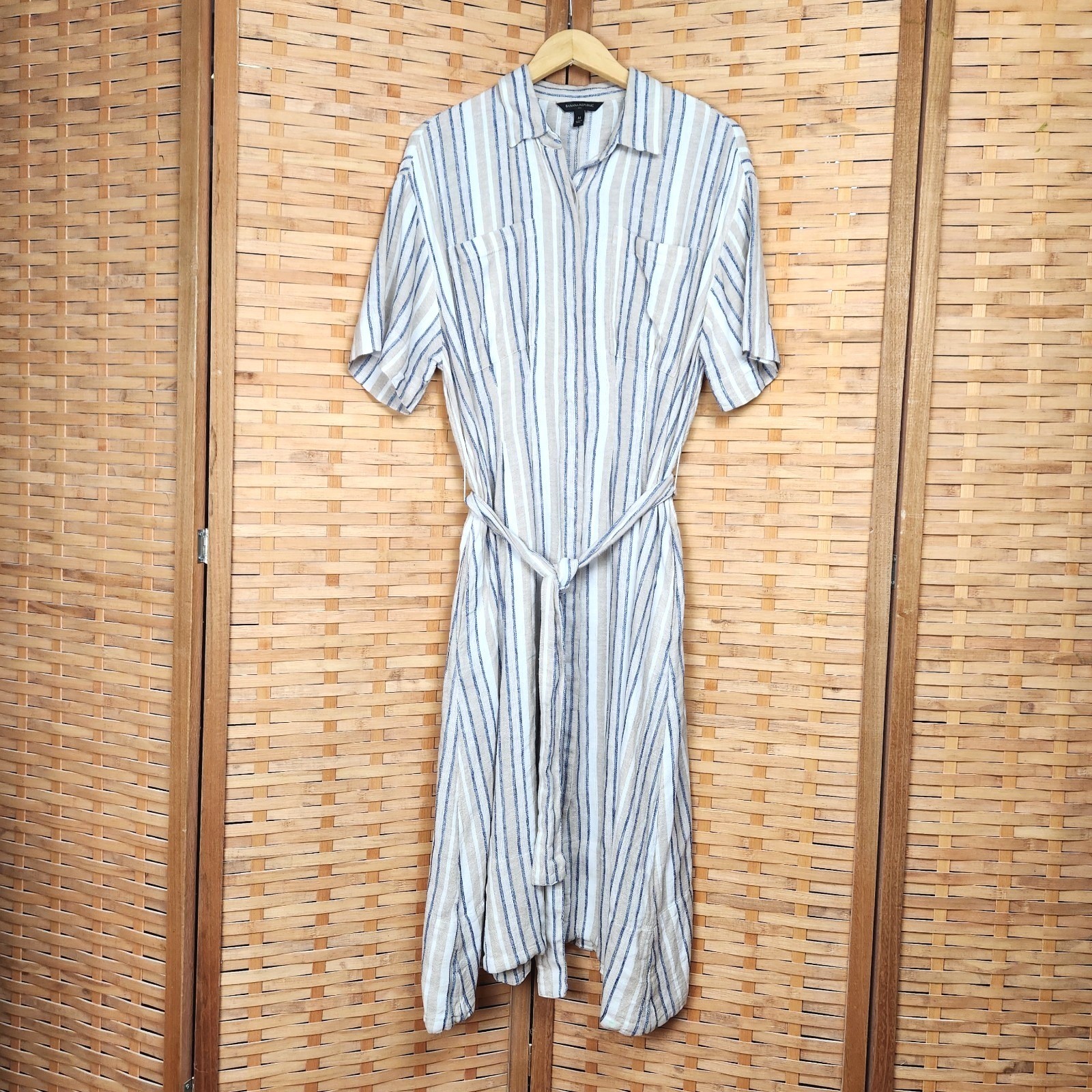 Banana Republic Linen Blend Striped Midi Shirt Dress Size M White Blue Nautical