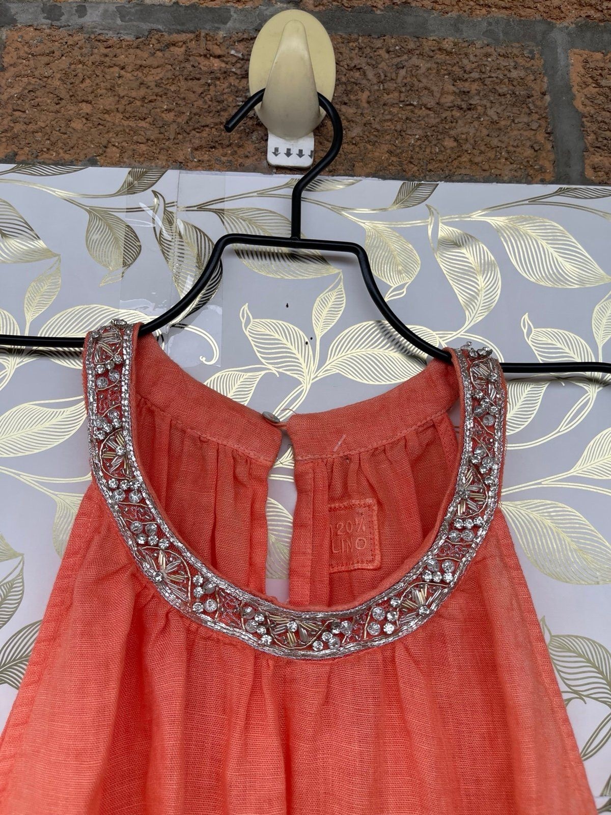 120% Lino Orange Halter Linen Shift Dress Embellished Neck Fringe IT 48 /12