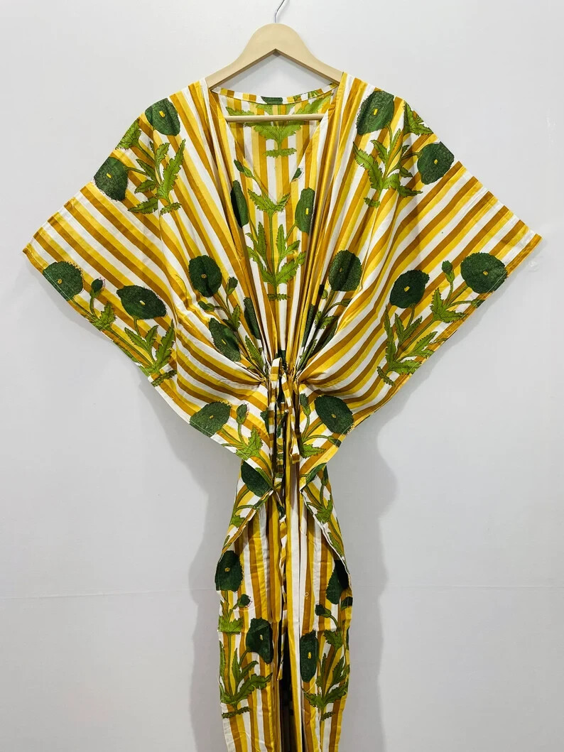 Indian Yellow Long Solid Print Cotton Hippie Maxi Women Nightwear Caftan Dress