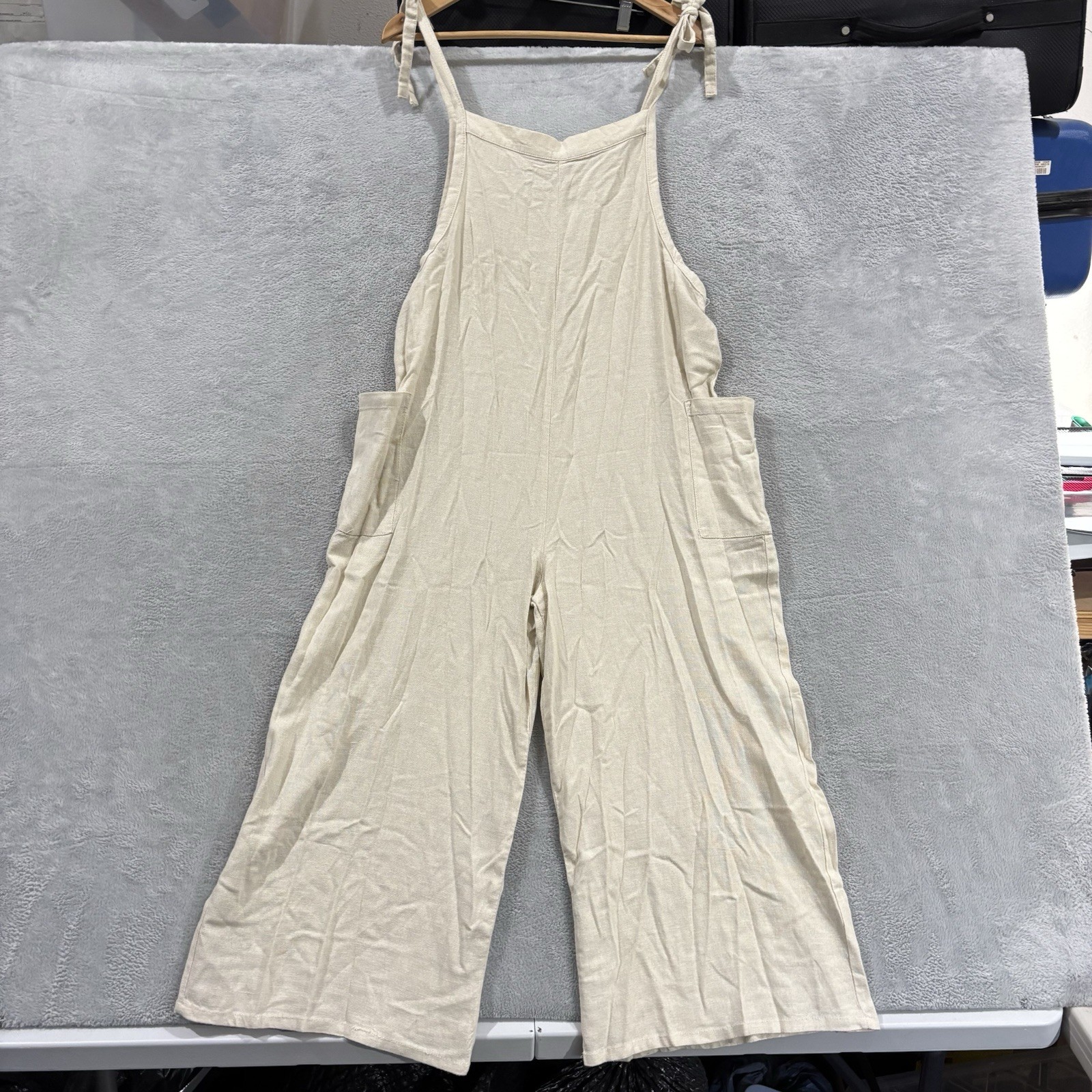 Hunten & Baowa Cream Linen Blend Overalls Jumpsuit Women S Boho Wide Leg Casual