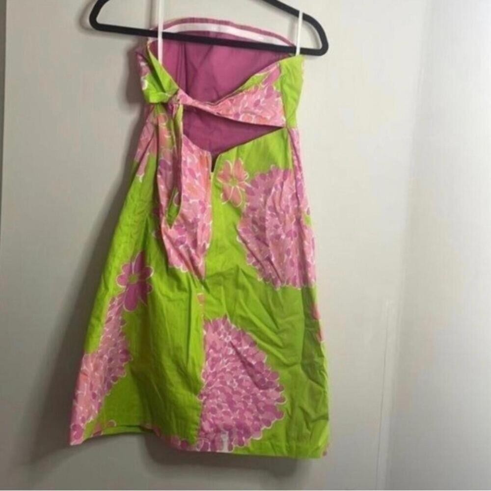 ✅Lilly Pulitzer Green Strapless Dress Pink Floral and Cut Out Back