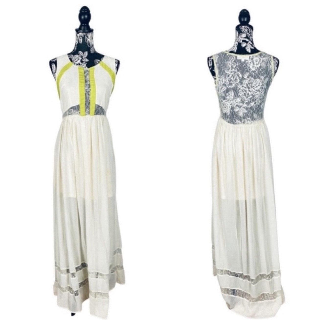 Aniina floor length cream/green trim lace dress size medium