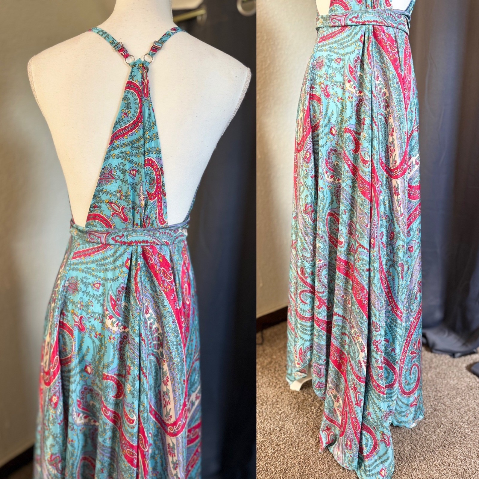Advance Maxi Dress Womens One Size Teal Pink Paisley Silk Blend V-Neck Open Back
