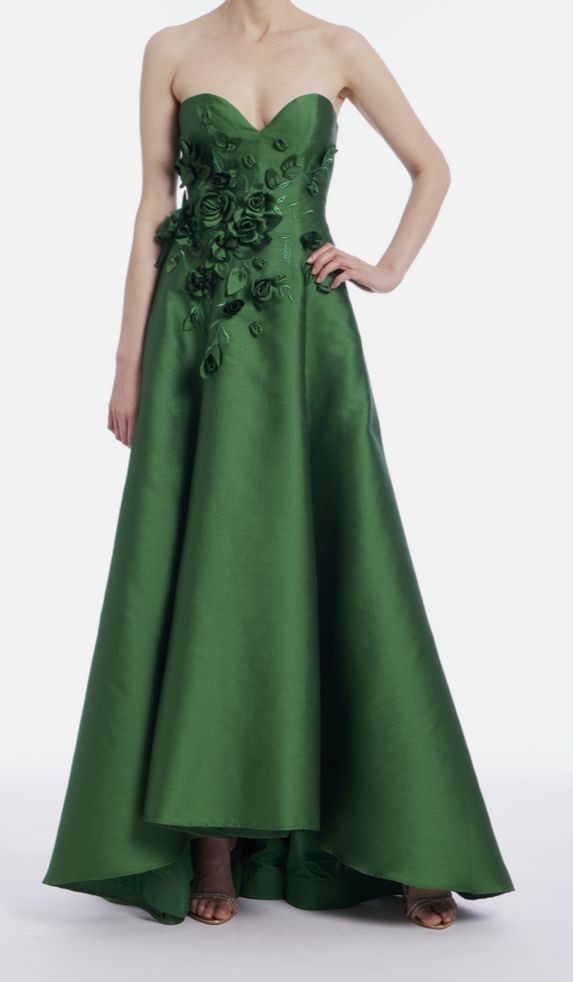 Badgley Mischka Women’s Green Strapless Floral Applique Gazar Gown Dress Size 10