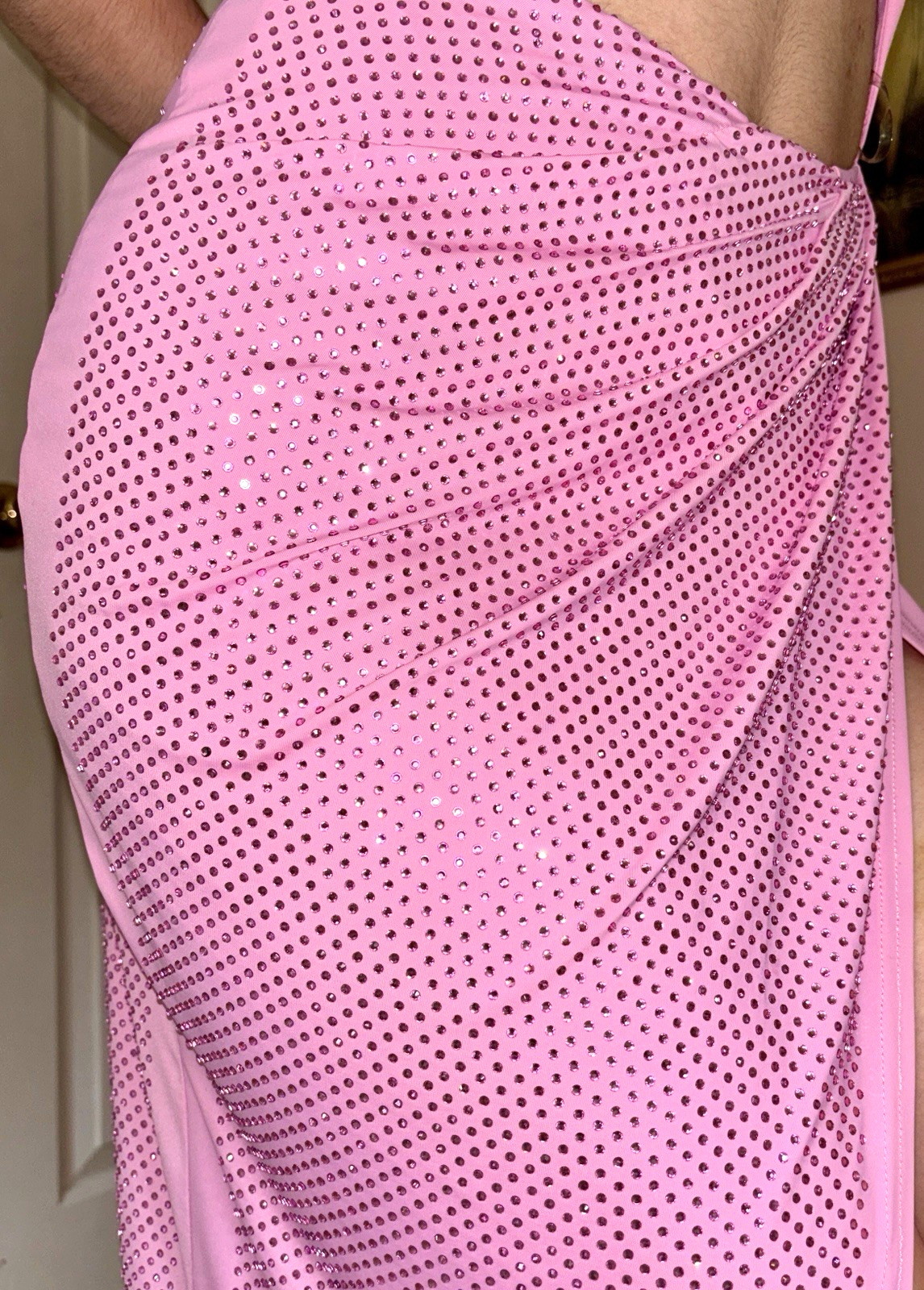 AKIRA Pink Rhinestone Halter Backless Bodycon Maxi Dress Side Slit Size S