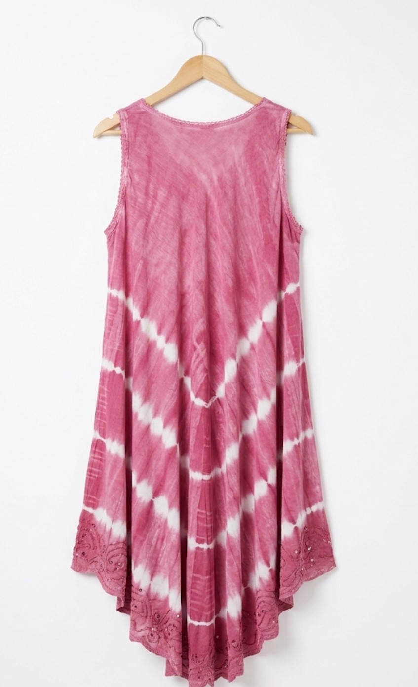 Women’s Tie Dye Boho Red Rose Embroidered Sundress 2X Casual Beach Dress