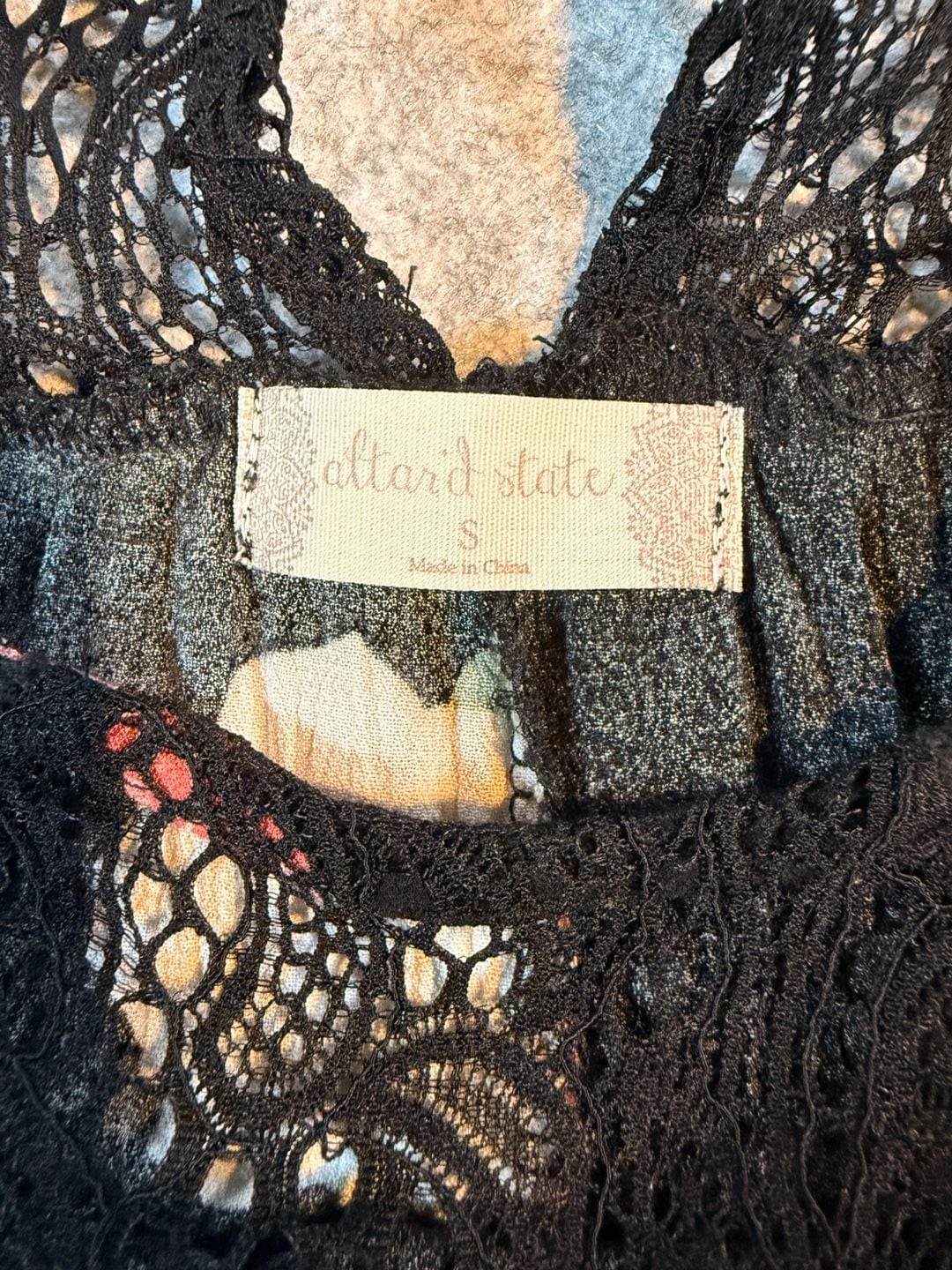 Altar’d State Black Floral Print Halter Mini Dress with Lace Detail Small